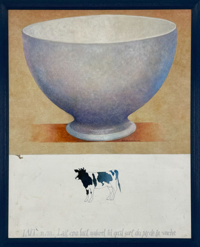 Lote 1 - ANTÓNIO PIMENTEL (1935-1998) - Original - Pintura a óleo sobre tela, assinada, datada de 1985, motivo "Lait". Dim: mancha 64x51 cm. Dim: moldura 70x57 cm. Nota: pintor e ilustrador português. Inicia a sua atividade artística sob a orientação dos 