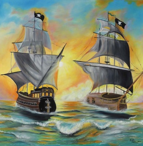 Lote 21 - FERNANDA ROMANO (n.1961) - Original - Pintura a óleo sobre tela, assinada, datada de 2021, título "Barcos de Piratas". Dim: mancha 100x100 cm