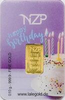 Lote 114 - BARRA DE OURO 999,9 - Barra de ouro 99,9% de 0,10 g, NZP "Happy Birthday" em invólucro selado e certificado de autenticidade emitido pela Niziplioglu Metal Rafineri. Peso: 0.10 g. http://www.lbma.org.uk/pricing-and-statistics