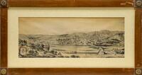 Lote 26 - COIMBRA - quadro com estampa de pintura antiga, motivo Vistas de Coimbra no Século XVII, pintura de Pier Maria Baldi, com moldura em madeira acantonada com florões em bronze. Dimensão: 20x51,5 cm, moldura 36,5x68,5 cm. Moldura com pequenas marca