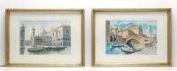 Lote 53 - ESCOLA EUROPEIA, SÉC. XX - Originais - Duas aguarelas sobre papel, motivo "Vista de Veneza" e "Monumentos em Veneza". Assinados "Smalandrin"(?), um datado de 1992. Com molduras em madeira prateada. Dim.: mancha 16,5x24,5 cm mancha, e 27x37 cm (