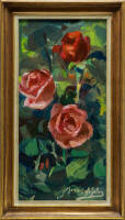 Lote 57 - MENDES DA SILVA (1903-1987) - Original - Pintura a óleo sobre platex, motivo Rosas, assinada, com moldura em madeira folheada a ouro. Obra do pintor sobre tela em plataforma francesa de leilões com base de licitação de € 900. Dimensão: mancha 40