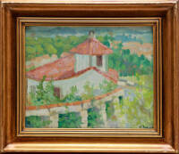 Lote 70 - ESCOLA PORTUGUESA, SÉC. XIX/XX - Original - Pintura a óleo sobre madeira prensada, motivo "Aldeia", assinado "A. Rocha" ou "A. Ramos" (?). Com moldura em madeira dourada. Dim.: mancha 25x30 cm, e 34x39,5 cm (total). Nota: sinais de uso, pequenas