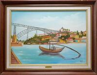 Lote 50 - PINTURA A ÓLEO - quadro original a óleo sobre tela, com o tema "Barco Rabelo - Rio Douro", e motivo "Ponte D. Luis com vista do Porto", assinado "P' Silva" (?). Com moldura em madeira. Dim.: 50x70 cm (mancha), 68x88 cm (com moldura). Nota: bom e