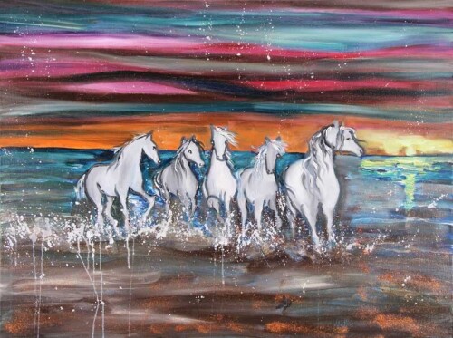 Lote 60 - LIGIA ROMANO (n.1981) - Original - Pintura a óleo sobre tela, assinada, datada de 2021, título "Diferent Sunset - Serie Horses". Dim: mancha 60x80 cm. Obra desta autora foi vendida por € 260 na Oportunity Leilões. Nota: tela com pequeno rasgão. 