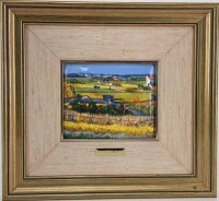 Lote 10 - VAN GOGH (1853-1890) - Placa de esmalte a fogo à maneira de Limoges, motivo "O Carro Azul". Dim: mancha 13x15 cm. Dim: moldura 31x34 cm. Nota: o verso da obra inclui um certificado da Galeria El Greco, referindo que pertence à colecção "Mestres 