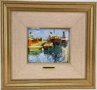 Lote 17 - SOROLLA (1863-1923) - Placa de esmalte a fogo à maneira de Limoges, motivo "Porto de Valência". Dim: mancha 13x15 cm. Dim: moldura 31x34 cm. Nota: o verso da obra inclui um Certificado da Galeria El Greco, referindo que pertence à colecção "Mest