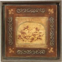 Lote 215 - QUADRO DECORATIVO - Técnica mista sobre tela com aplicação de estampa, motivo "Putti", com 30x30 cm (moldura com 35x35 cm)