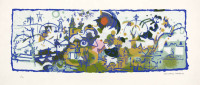 Lote 28 - DOMINGOS MATEUS (n.1961) - Serigrafia sobre papel, assinada, série PA, motivo "Figurativo". Dim: mancha 26x71 cm. Dim: suporte 35x80 cm. Sem moldura. Nota: nasceu em Lisboa em 1961 e é licenciado em Matemática pela Universidade do Minho. Exerce 