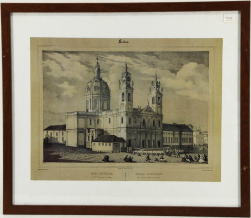 Lote 58 - REAL BASILICA, LISBOA - Impressão sobre papel, motivo "Real Basílica do Sagrado Coração de Jesus". Dim: mancha 25x35 cm. Dim: moldura 43x51 cm