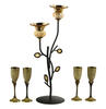 Lote 248 - CANDELABRO E CÁLICES - Conjunto de 5 peças, sendo: candelabro com estrutura em metal ferro forjado em forma de flor, com pétalas e arandelas com vidro castanho, de 2 lumes; e 4 cálices em forma de flor em latão. Dim: 40 cm de altura (candelabro - 2