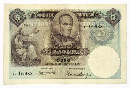 Lote 1 - PORTUGAL, NOTA DE 5 ESCUDOS, ANO 1920 - Nota do Banco de Portugal, Efigie de Alexandre Herculano, Chapa 1, Lisboa 25 de Junho de 1920. Dim: 146x95 mm. Nota idêntica à venda por € 750. Nota: sem classificação atribuída pela Oportunity Leilões, cab