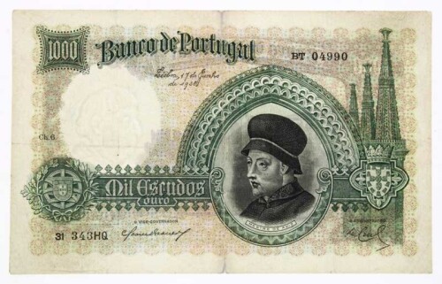 Lote 6 - PORTUGAL, NOTA DE 1000 ESCUDOS, ANO 1938 - Nota do Banco de Portugal. Efigie de do Mestre de Aviz, Chapa 6, Lisboa 17 de Junho de 1938. Dim: 163x104 mm. Nota idêntica à venda por € 400. Nota: sem classificação atribuída pela Oportunity Leilões, c