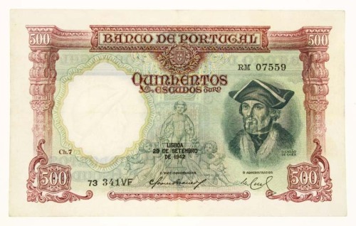 Lote 7 - PORTUGAL, NOTA DE 500 ESCUDOS, ANO 1942 - Nota do Banco de Portugal, Efigie de Damião de Goes, Chapa 7, Lisboa 29 de Setembro de 1942. Dim: 156x97 mm. Nota idêntica à venda por € 175. Nota: sem classificação atribuída pela Oportunity Leilões, cab