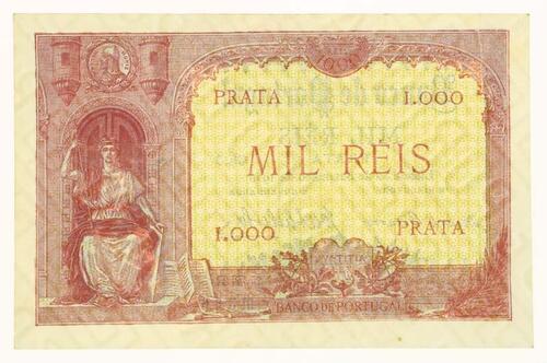 Lote 9 - PORTUGAL, NOTA DE 1000 REIS PRATA, ANO 1910 - Nota do Banco de Portugal, Chapa 3, Lisboa 30 de Setembro de 1910 com a sobrecarga República a negro. Dim: 120x77 mm. Nota idêntica à venda por € 344. Nota: sem classificação atribuída pela Oportunity