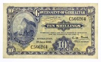 Lote 83 - GIBRALTAR, NOTA DE 10 SHILLINGS, ANO 1942 - Nota do Government of Gibraltar de 1942. Dim: 130x75 mm. Nota: sem classificação atribuída pela Oportunity Leilões, cabe ao licitante atribuir a classificação e a valorização que entender correcta