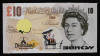 Lote 6 - BANKSY (AFTER) - Impressão sobre tela com assinatura, Edição Dismaland August/September 2015, título "Dismal 10 Pound". Verso com inscrição. Dim: mancha 11x21 cm. Sem moldura. Nota: Banksy (n.1974) é um artista britânico de rua, cujos trabalhos e