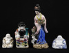 Lote 124 - FIGURAS ORIENTAIS EM PORCELANA - Conjunto de 4 peças em porcelana com decoração policromada, composto por figura feminina, budas e imortal. Dim: 20 cm (maior)