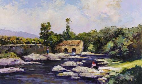 Lote 15 - MOTA URGEIRO (n.1946) - Original - Pintura a óleo sobre madeira, assinada, título "Lavadeiras em Estorões - Ponte de Lima". Dim: mancha 30x50 cm. Sem moldura. Óleo deste autor foi vendido por € 3.400 numa leiloeira em Lisboa. Nota: Mota Urgeiro 