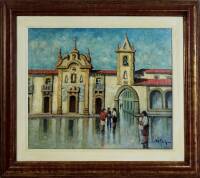 Lote 2521 - Manuel Gregório Pereira (1931-2013) - Original - Pintura a óleo sobre tela, assinada, motivo "Largo da Igreja da Misericórdia", com 50x60 cm (moldura de madeira com dourados com 73x83 cm, pequenas falhas). Óleo deste pintor foi vendido por 2.5