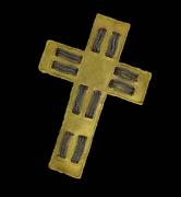 Lote 2822 - Pendente cruz de ouro bicolor 800 contrastado, com 64mm de altura e o peso de 10,9gr. Nota: usada, em estado novo