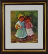 Lote 2868 - Maria Fernanda Amado (n.1940) - Original - Pintura a óleo sobre platex, assinada, motivo "Meninas no Jardim ", com 30x25 cm (moldura com 48x44 cm). Nota: Pintora de raiz clássica, mas de sentido moderno na simplificação das formas e cores. Está representada em Museus Nacionais e Estrangeiros e em numerosas colecções particulares em Portugal, Alemanha, USA, Japão, Inglaterra. A sua obra está citada em “ Dicionário de Pintores e Escultores” de Fernando de Pamplona