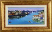 Lote 2871 - Mota Urgeiro - Original - Pintura a óleo sobre madeira, assinada, título "Rio Douro no Porto", com 24x50 cm (moldura dourada com 43x70 cm). Nota: Mota Urgeiro é considerado o expoente máximo do impressionismo em Portugal, como reconhecimento pela qualidade artística das suas obras de arte, foi premiado com a Medalha de Ouro da Sociedade Nacional de Belas Artes em 1973