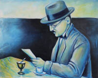 Lote 2560 - António Faria - Original - Pintura a óleo sobre tela, assinado A.Faria, motivo "Fernando Pessoa", com 80x100 cm. Nota: Obras de dimensão e técnica semelhantes, têm um valor em galeria de cerca de 2.000 euros