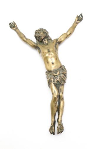 Lote 7 - CRISTO EM BRONZE - múltiplo, escultura de Cristo Crucificado em bronze, assinada Teixeira Lopes (pouco perceptível). Dimensão: 32 cm