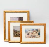 Lote 77 - QUADROS - 3 quadros com reproduções de pinturas de paisagens rurais e bucólicas com molduras em madeira dourada. Dimensão: dos 22x27,5 cm aos 34x28,5 cm