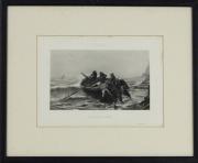 Lote 115 - G. Haquette - Litografia sobre papel, motivo "Paisagem Marinha - Depart pour la Pêche", Salon de 1889, com 11x18,5 cm (moldura com 31x37,5 cm, papel com manchas)