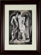 Lote 209 - Almada Negreiros - Reprodução sobre papel de uma obra de 1929, representando "Colombina e Arlequim", com 21x14,5 cm (moldura com 34x25,5 cm)