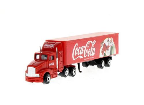 Lote 37 - CAMIÃO COM PUBLICIDADE, MINIATURA - Modelo de camião com reboque à Escala 1:87, decorado com publicidade à Coca-Cola. Dim: 19 cm (aprox.)