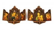 Lote 191 - Par de Relicários em madeira pintados a dourado com pinturas religiosas com 22,5x20 cm aberto. Nota: Sinais de uso