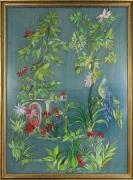 Lote 257 - Pintura sobre tecido, motivo "Pássaros e Flores", com 100x72 cm (moldura dourada com 108x81 cm, com falhas)