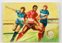 Lote 64 - HENRIQUE MARTINHO (n. 1962) - Original - Pintura a óleo sobre tela, assinada, motivo Futebol. Medida: mancha 70x100 cm. Sem moldura. Nota: Henrique Martinho nasceu na Póvoa de Varzim em 1962. Realizou diversas exposições individuais e coletivas 