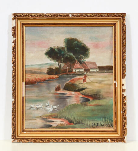 Lote 76 - A.F. SILVA - Original - Pintura a óleo sobre tela, assinada, datada de 1928, motivo "Paisagem com Casas e Riacho". Moldura com falhas. Dim: mancha 38x32 cm. Dim: moldura 47x42 cm