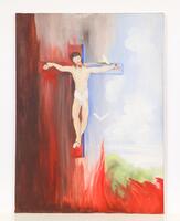 Lote 103 - MARIA JULIA, ESCOLA PORTUGUESA SÉC. XX - Original - Pintura a óleo s/ tela, obra intitulada «Cristo na Cruz». Assinada e datada «M. Júlia, 1992». Dim.60,5x81cm. Nota: sem moldura