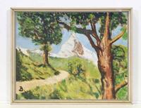 Lote 121 - PINTURA A ÓLEO - Original - Pintura a óleo s/ contraplacado, motivo "Paisagem com Montanha coberta de neve". Assinado com B.(?). Moldura em madeira lacada a branco. Dim.: mancha 40x50 cm, e moldura 43x54 cm. Marcas e sinais de armazenamento