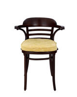 Lote 117 - CADEIRA DE SECRETÁRIA ESTILO THONET - Em madeira e madeira dobrada a vapor. Assento com coxim em tecido amarelo de padrão floral lavrado. Braços recurvados em prolongamento das costas. Pés torneados. Dim: 77x56x44 cm