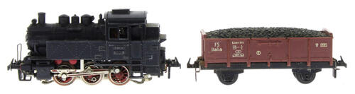 Lote 199 - LOCOMOTIVA E VAGÃO - Conjunto de Locomotiva Trix Modelo 80018 e vagão de mercadorias FS Italia. Escala H0. Nota: sinais de uso