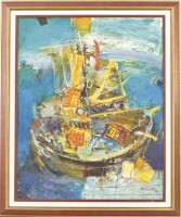 Lote 27 - BARCO - Original - Pintura a óleo sobre tela, assinada, datada de 1995, motivo "Barco". Dim: mancha 100x80 cm. Dim: moldura 120x100 cm