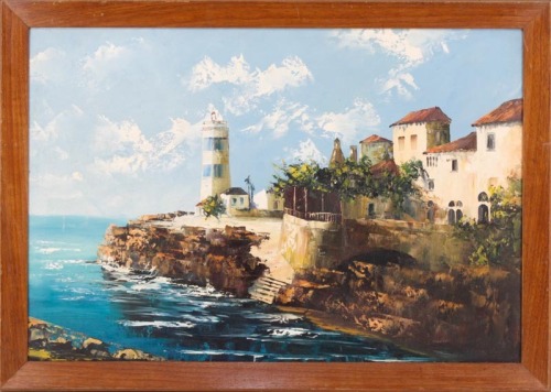 Lote 59 - F. VIANA - Original - Pintura a óleo sobre tela, assinada, motivo "Farol de Santa Marta -Cascais". Dim: mancha 46x68 cm. Dim: moldura 53x75 cm. Obra deste autor foi vendida por € 300 na Oportunity Leilões. Consultar valor indicativo em https://t