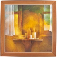 Lote 68 - LUÍS RALHA (1935-2008) - Original - Pintura a óleo sobre tela, assinada, datada de 1999, motivo "Figurativo - Cena de Interior". Dim: mancha 100x100 cm. Dim: moldura 120x120 cm. Nota: Luís Ralha fez o curso de pintura na Escola Superior de Belas