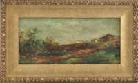 Lote 70 - PAISAGEM - Original - Pintura a óleo sobre madeira, assinada, motivo "Paisagem". Dim: mancha 18x40 cm. Dim: moldura 31x53 cm