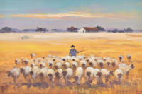 Lote 83 - J. OLIVEIRA - Original - Pintura a óleo sobre tela, assinada, motivo "Paisagem com Rebanho e Pastor". Dim: mancha 43x64 cm