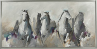 Lote 95 - JOANA MARQUES (n.1973) - Original - Pintura a óleo sobre tela, assinada, motivo "Cavalos". Dim: mancha 75x155 cm. Dim: moldura 81x161 cm. Obra desta autora foi vendida por € 860 na Oportunity Leilões. Consultar valor indicativo em https://cutt.l