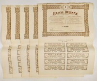 Lote 65 - BANCO BURNAY, 5 TÍTULOS DE FUNDADOR- Conjunto de cinco títulos individuais de fundador ao portador, a 10 anos do Banco Burnay, SARL, nºs 07466 a 07470, no valor de Esc. 22$50 ouro ou £5 cada, emitidas em Lisboa por escritura pública do dia 26 de