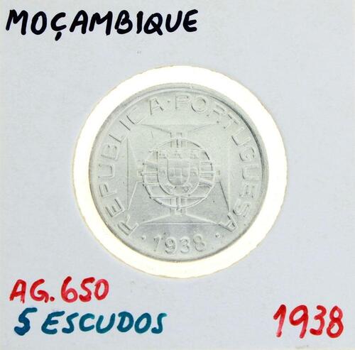 Lote 35 - MOÇAMBIQUE MOEDA DE 5 ESCUDOS EM PRATA 650, ANO 1938 - Moeda da República Portuguesa de Moçambique de 1938. Peso indicativo: 7 g. Dim: 25.5 mm (diâmetro). Nota: sem classificação atribuída pela Oportunity Leilões, cabe ao licitante atribuir a cl