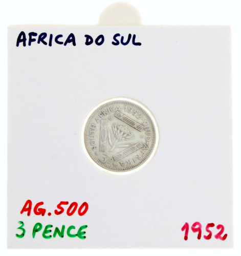 Lote 44 - ÁFRICA DO SUL, MOEDA DE 3 PENCE EM PRATA 800, ANO 1952 - Moeda da África do Sul, efigie do Rei Jorge VI de 1952. Peso indicativo: 1.41 g. Dim: 16.3 mm (diâmetro). Nota: sem classificação atribuída pela Oportunity Leilões, cabe ao licitante atrib